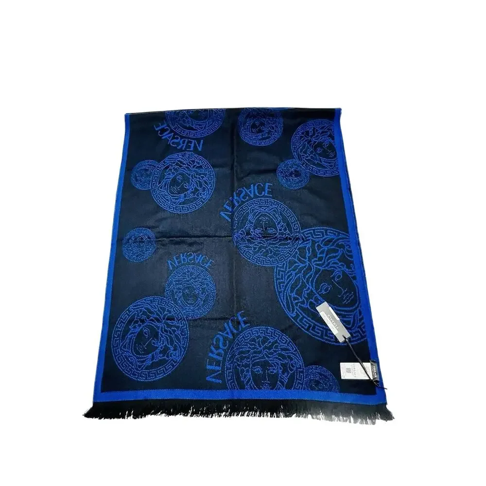 NWT Versace Medusa Reversible Wool Black Blue Knit Scarf Shawl Size 70